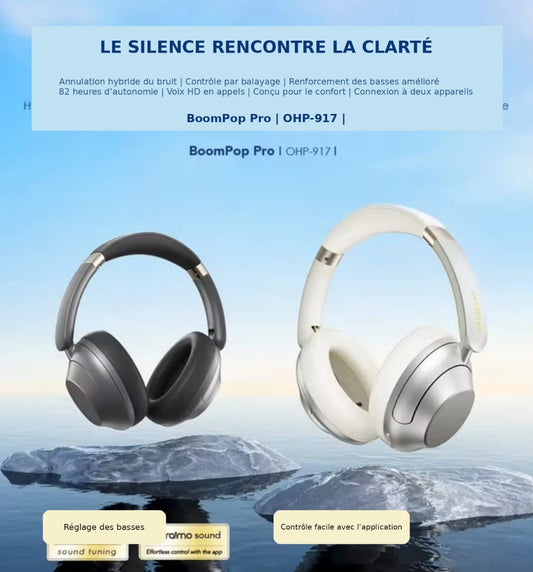 Casque sans fil circum-auriculaire oraimo BoomPop Pro OHP-917 Bluetooth 5.4 avec réduction de bruit hybride ANC, autonomie de 82h et basses puissantes